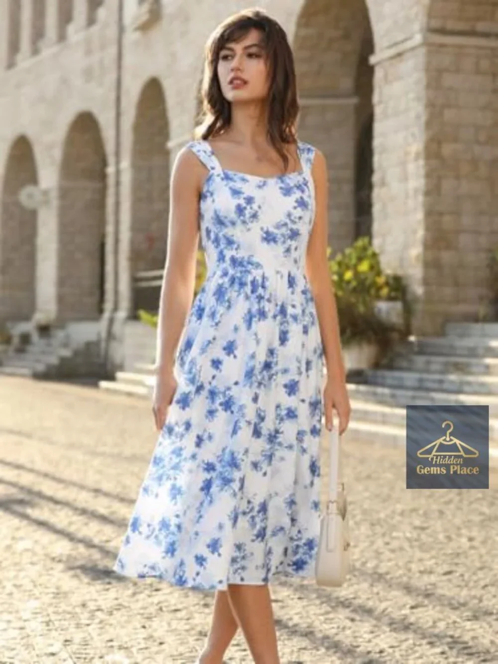 Vintage A-Line Midi Dress Sweetheart Neckline Floral Pockets